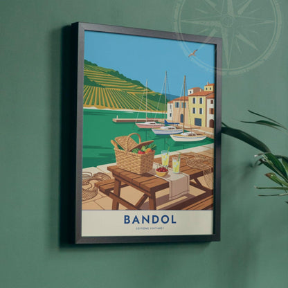 Affiche Bandol Provence, art mural port et vignobles, illustration voyage pique-nique bord de mer