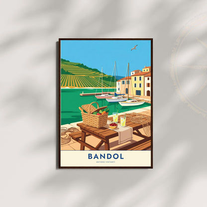 Affiche Bandol Provence, art mural port et vignobles, illustration voyage pique-nique bord de mer