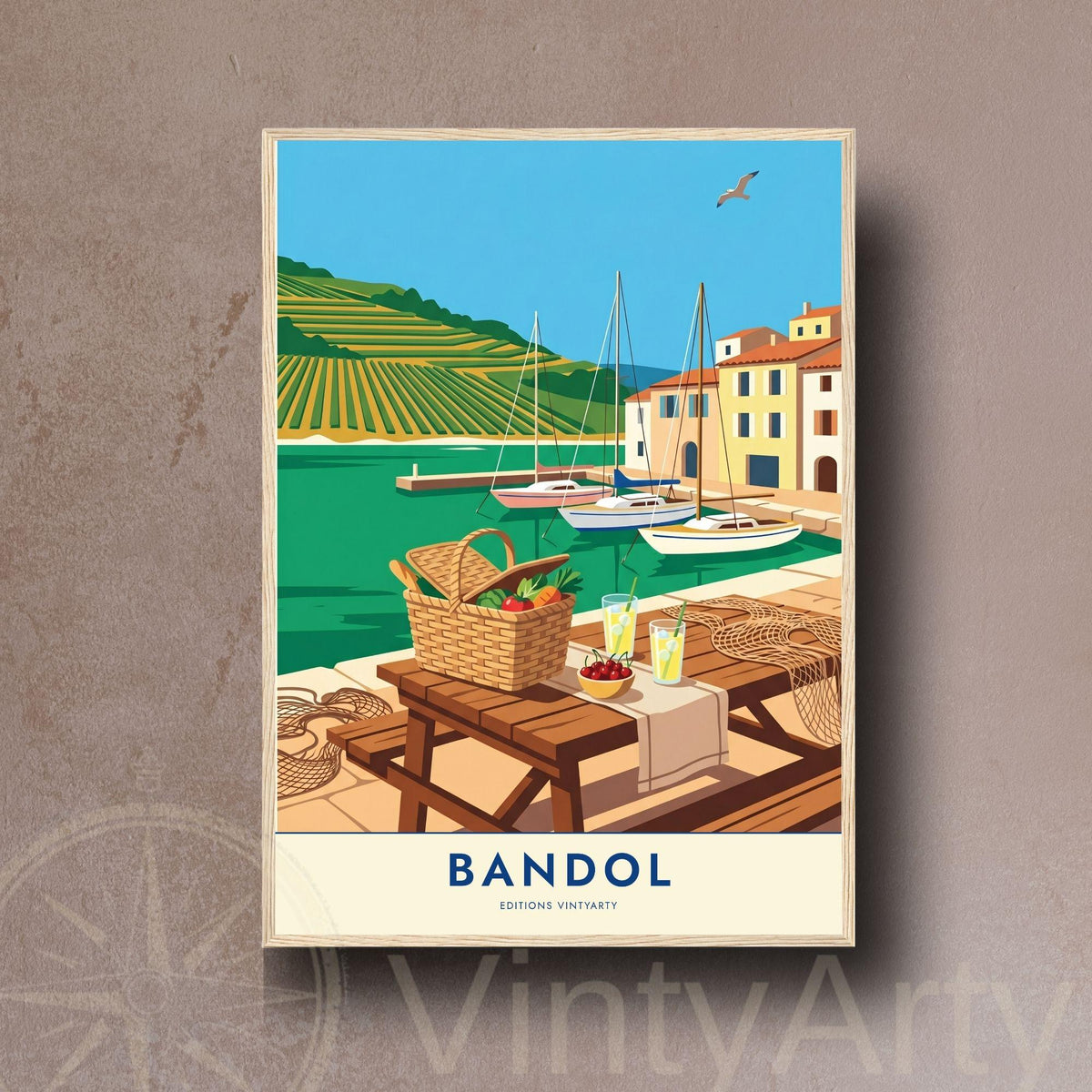 Affiche Bandol Provence, art mural port et vignobles, illustration voyage pique-nique bord de mer