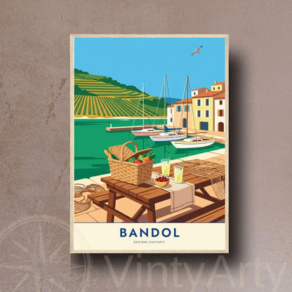 Affiche Bandol Provence, art mural port et vignobles, illustration voyage pique-nique bord de mer