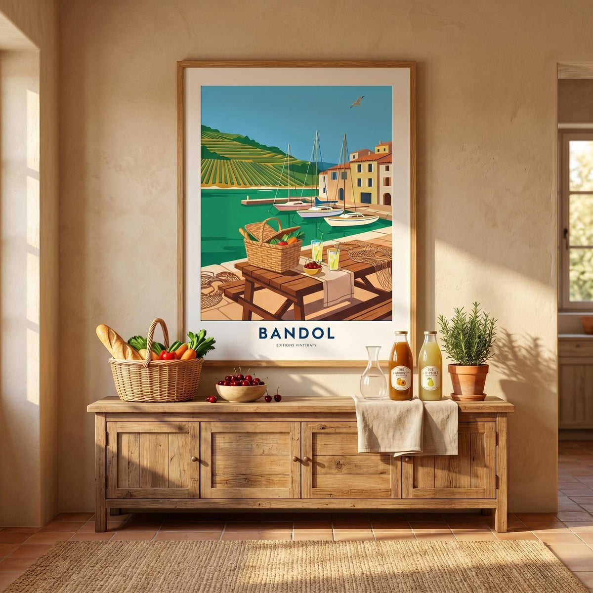Affiche Bandol Provence, art mural port et vignobles, illustration voyage pique-nique bord de mer