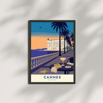 Affiche Cannes Croisette, art mural French Riviera, illustration festival coucher de soleil