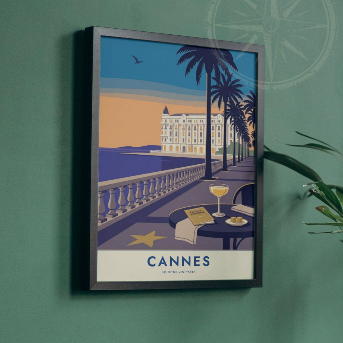 Affiche Cannes Croisette, art mural French Riviera, illustration festival coucher de soleil
