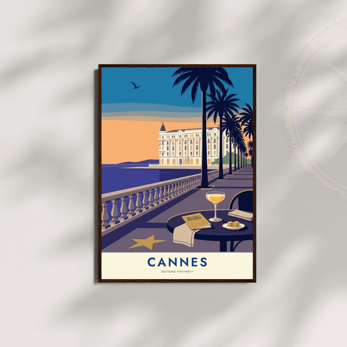 Affiche Cannes Croisette, art mural French Riviera, illustration festival coucher de soleil