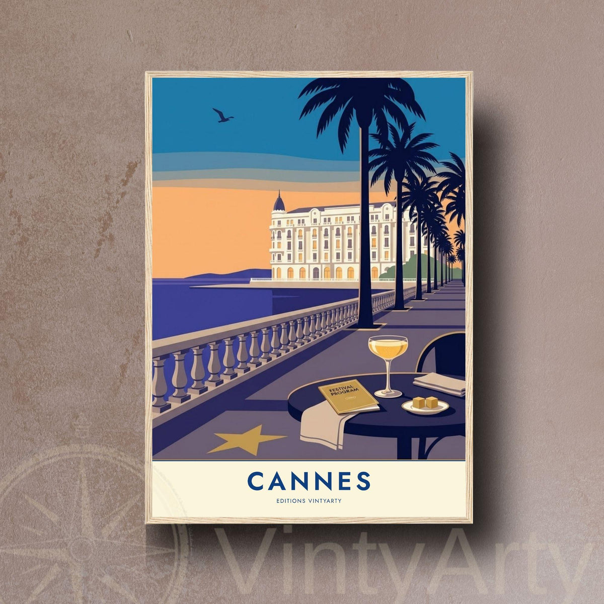 Affiche Cannes Croisette, art mural French Riviera, illustration festival coucher de soleil
