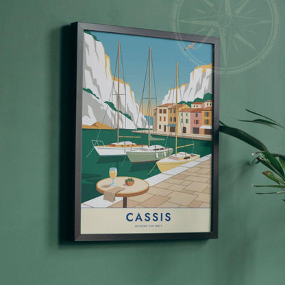 Affiche Cassis calanques, art mural Provence falaises blanches, illustration port pittoresque