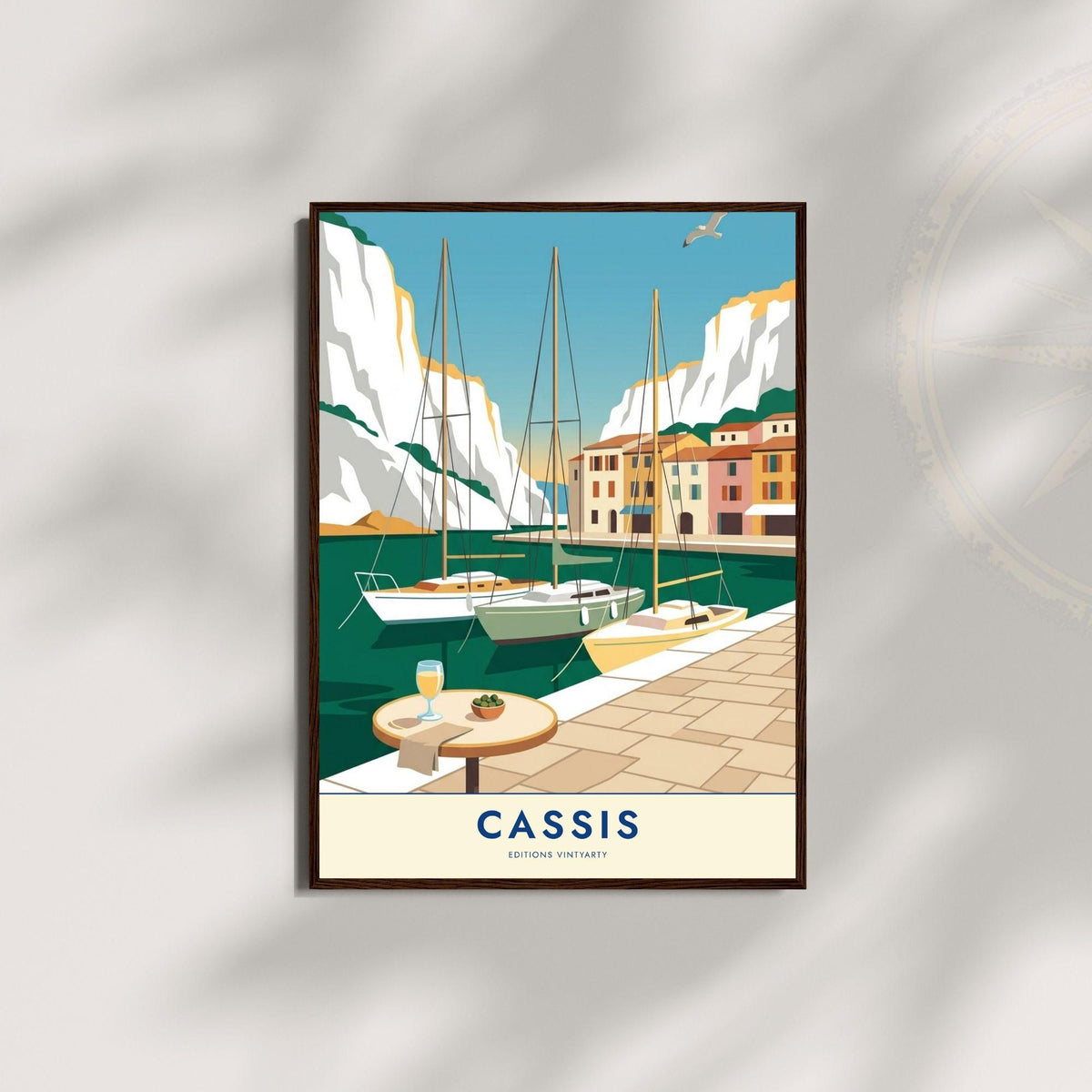 Affiche Cassis calanques, art mural Provence falaises blanches, illustration port pittoresque