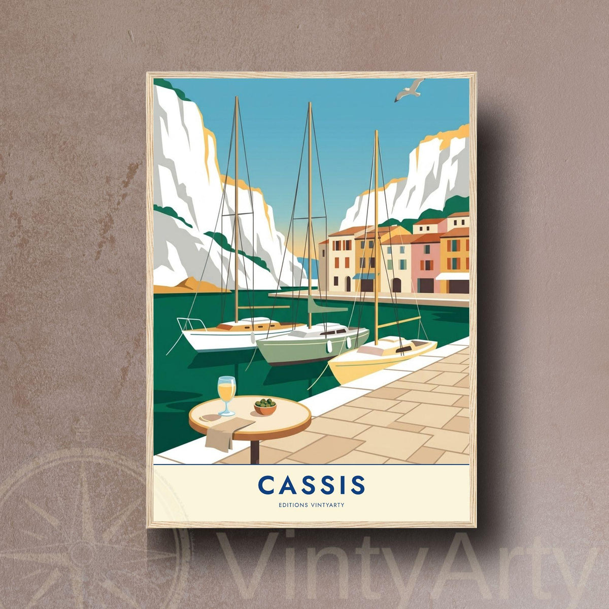Affiche Cassis calanques, art mural Provence falaises blanches, illustration port pittoresque