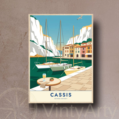 Affiche Cassis calanques, art mural Provence falaises blanches, illustration port pittoresque