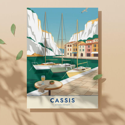 Affiche Cassis calanques, art mural Provence falaises blanches, illustration port pittoresque