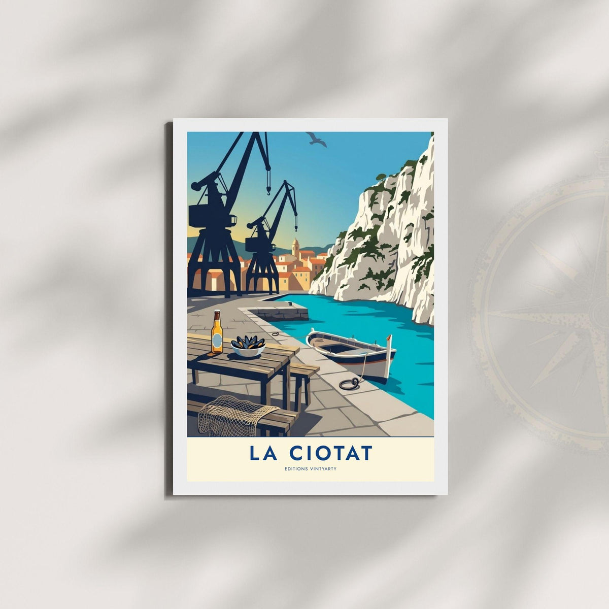 Affiche La Ciotat grues chantier naval, art mural Provence port historique, illustration Méditerranée