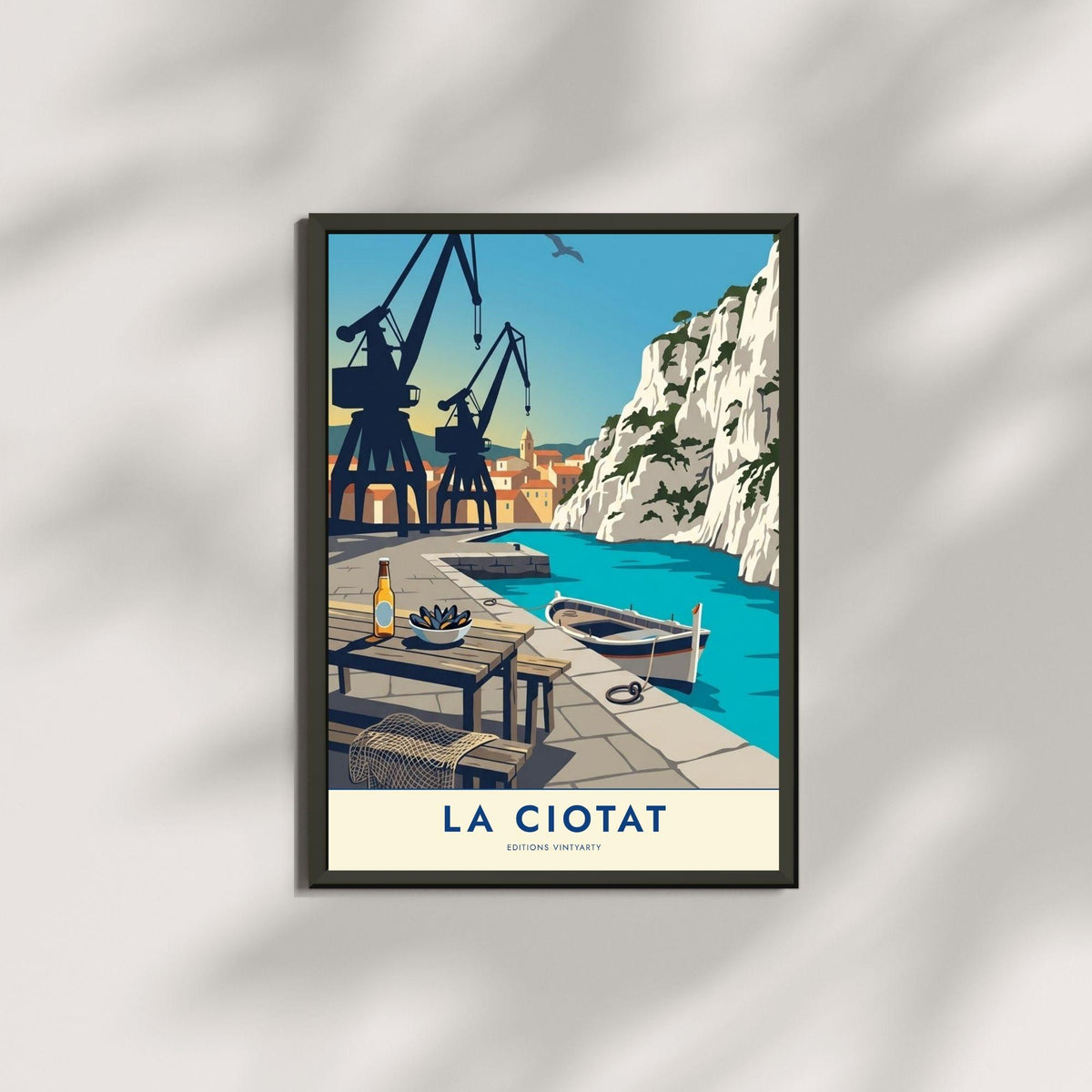 Affiche La Ciotat grues chantier naval, art mural Provence port historique, illustration Méditerranée