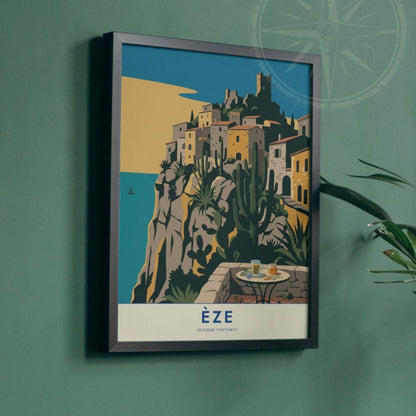 Affiche Èze village perché Côte d'Azur, poster voyage France, art mural décoration méditerranéenne