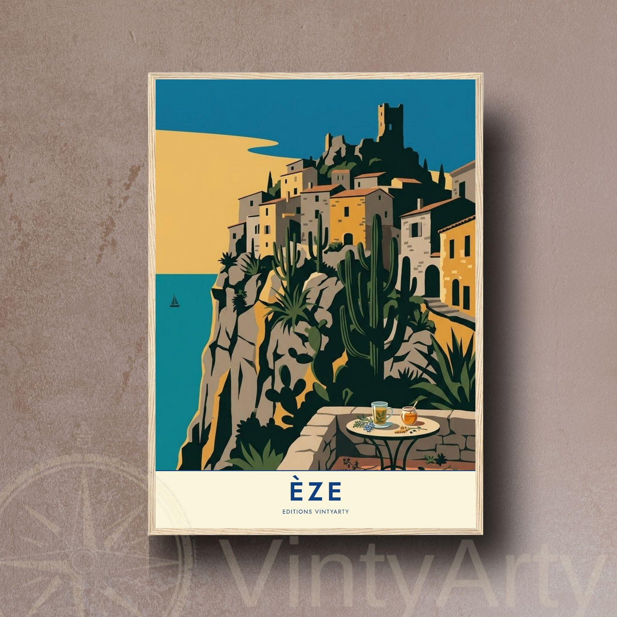 Affiche Èze village perché Côte d'Azur, poster voyage France, art mural décoration méditerranéenne