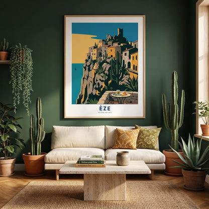 Affiche Èze village perché Côte d'Azur, poster voyage France, art mural décoration méditerranéenne