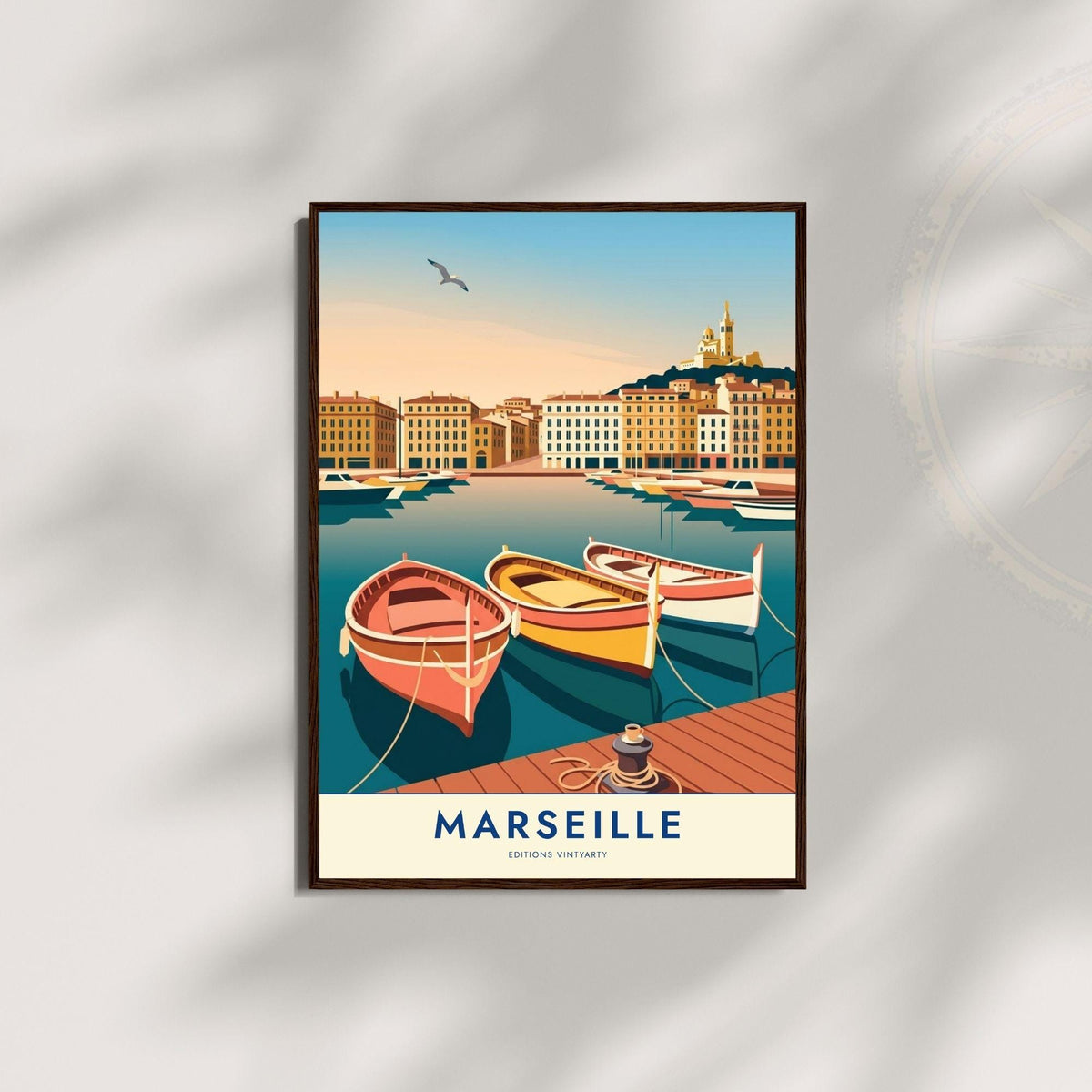 Affiche Marseille Vieux Port, poster voyage Provence, art mural décoration bord de mer