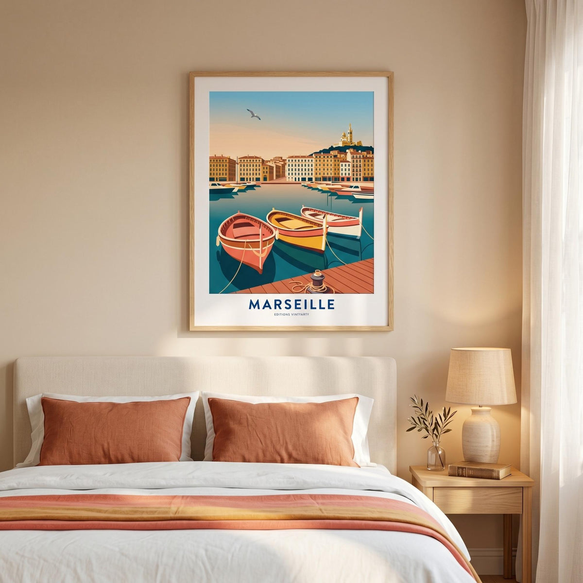 Affiche Marseille Vieux Port, poster voyage Provence, art mural décoration bord de mer