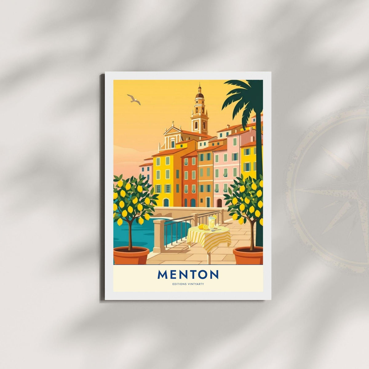Affiche Menton citronniers Côte d'Azur, poster voyage France, art mural décoration méditerranéenne