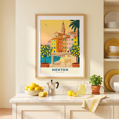 Affiche Menton citronniers Côte d'Azur, poster voyage France, art mural décoration méditerranéenne