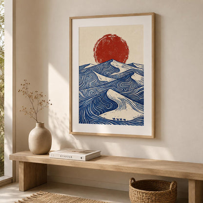Affiche dunes désert soleil rouge gravure, art mural caravane chameaux linogravure bleue