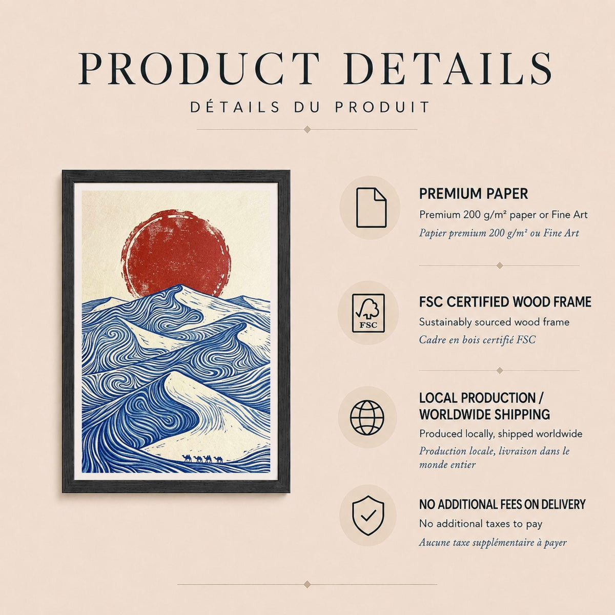 Affiche dunes désert soleil rouge gravure, art mural caravane chameaux linogravure bleue