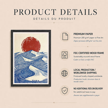 Affiche dunes désert soleil rouge gravure, art mural caravane chameaux linogravure bleue