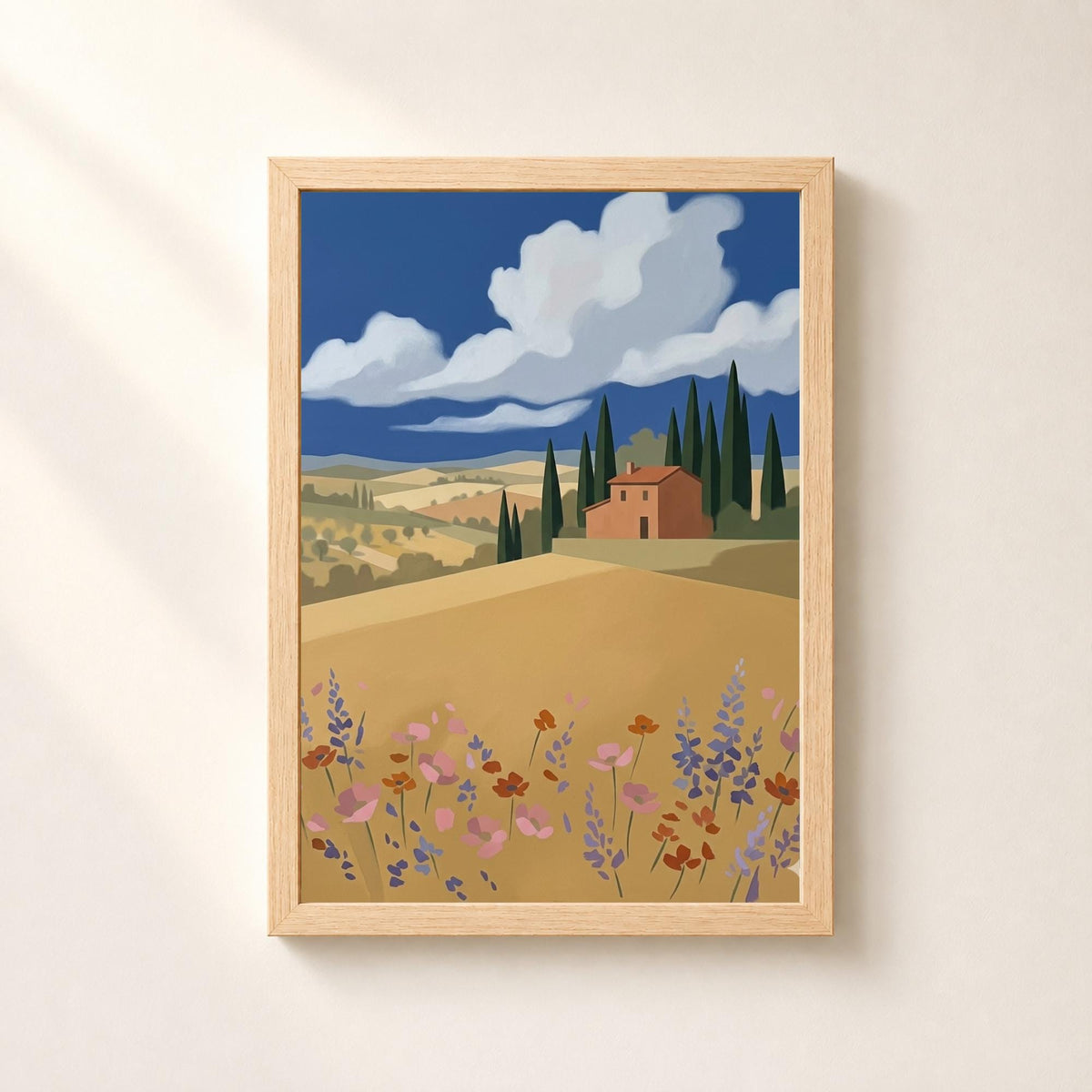 Affiche paysage Toscane villa cyprès fleurs sauvages, art mural méditerranéen été