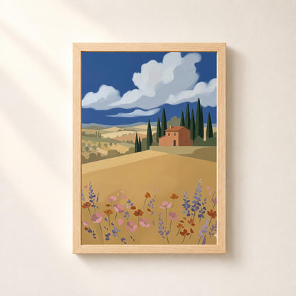 Affiche paysage Toscane villa cyprès fleurs sauvages, art mural méditerranéen été