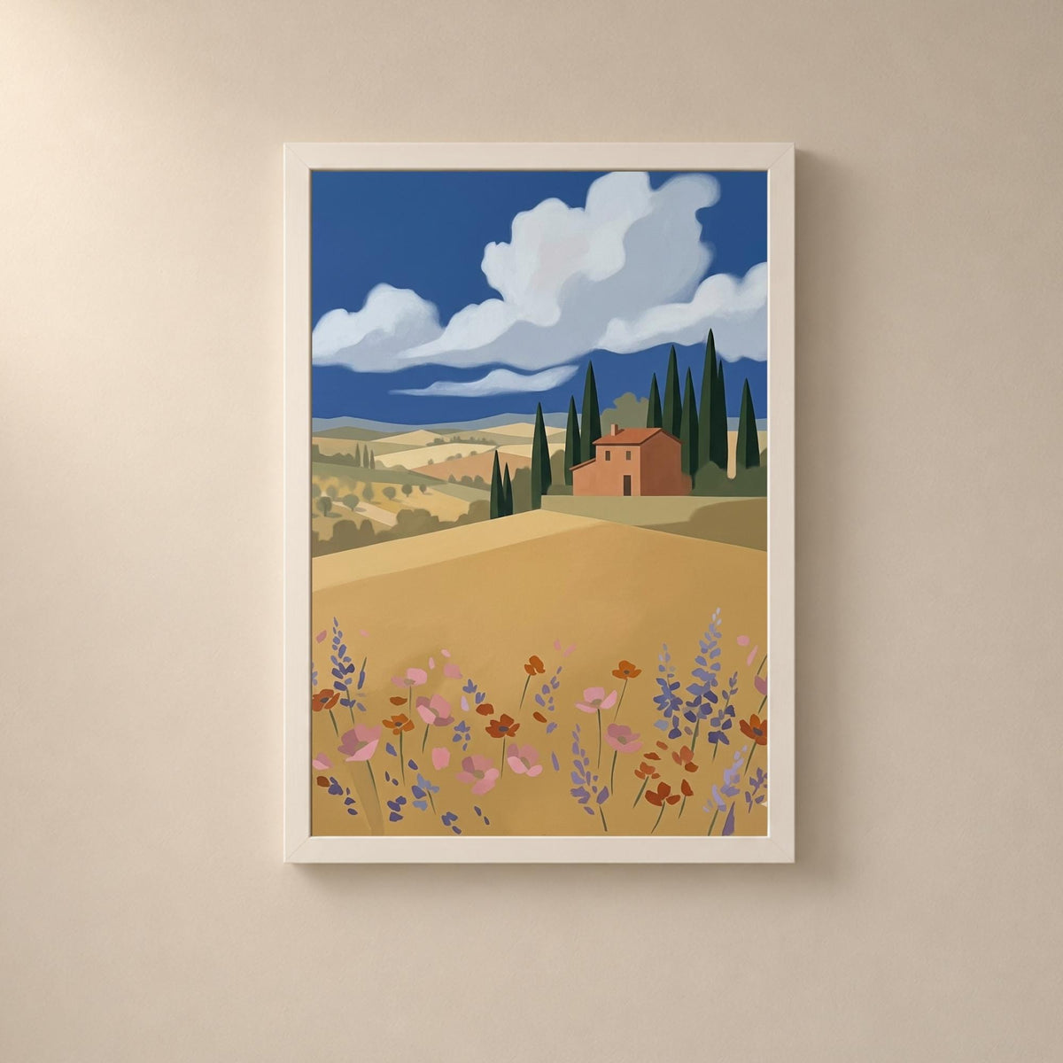 Affiche paysage Toscane villa cyprès fleurs sauvages, art mural méditerranéen été