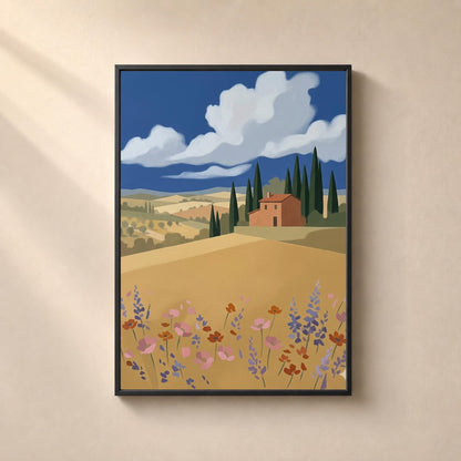 Affiche paysage Toscane villa cyprès fleurs sauvages, art mural méditerranéen été