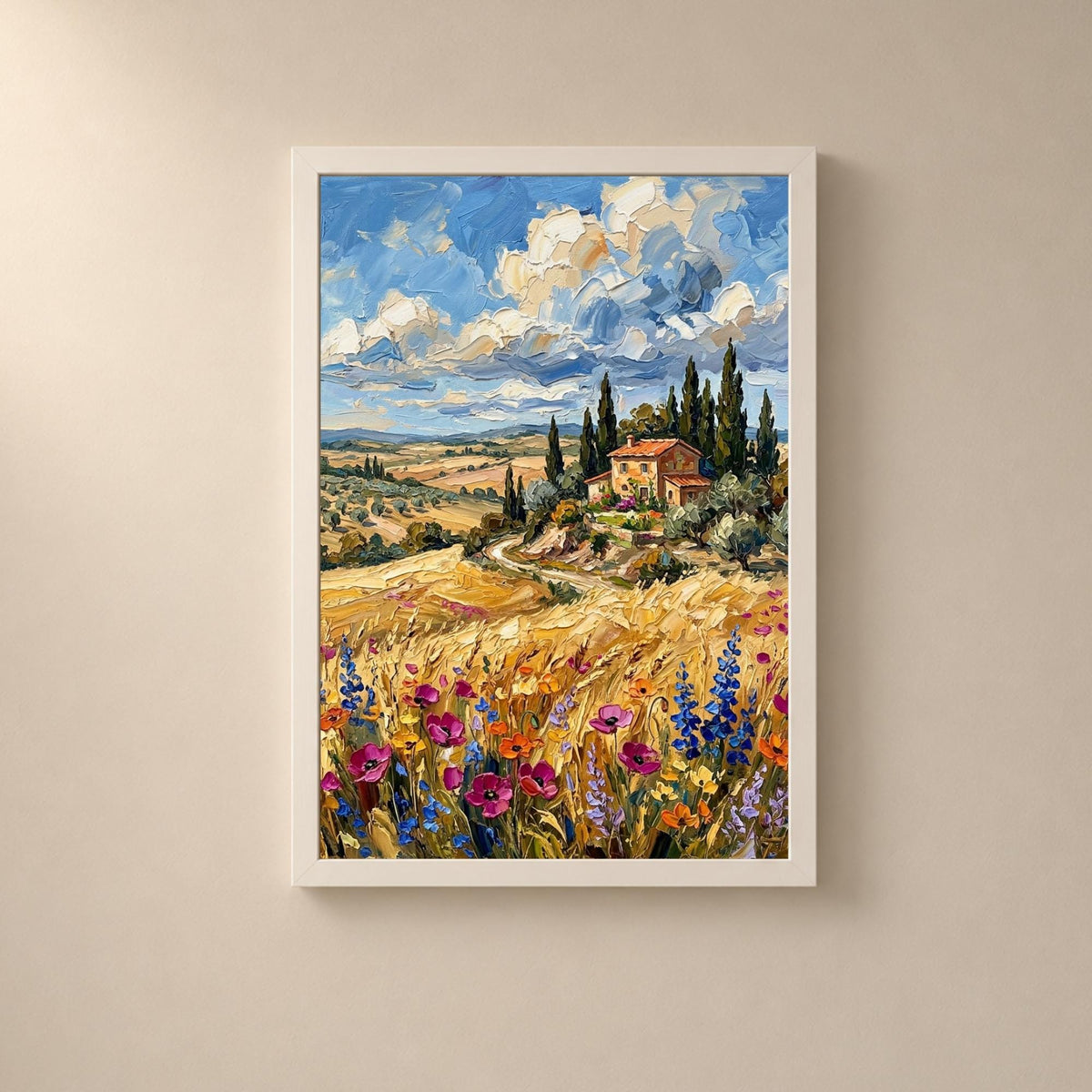 Affiche paysage Toscane villa cyprès fleurs sauvages, art mural méditerranéen été