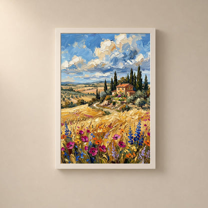 Affiche paysage Toscane villa cyprès fleurs sauvages, art mural méditerranéen été