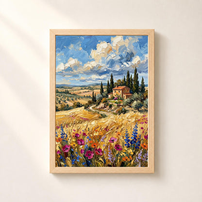 Affiche paysage Toscane villa cyprès fleurs sauvages, art mural méditerranéen été