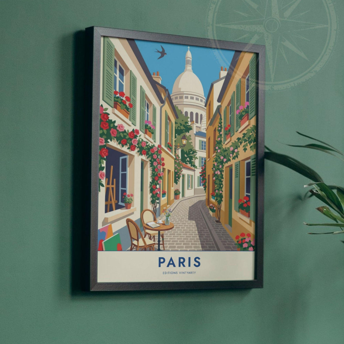 Affiche ruelle Montmartre fleurie, poster Paris terrasse de café, art mural voyage France