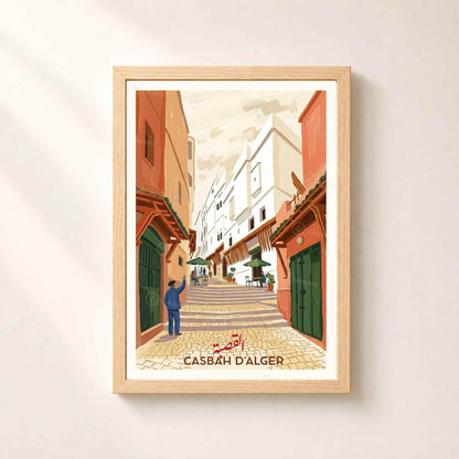 Affiche Casbah d'Alger ruelle escalier, poster voyage Algérie illustré