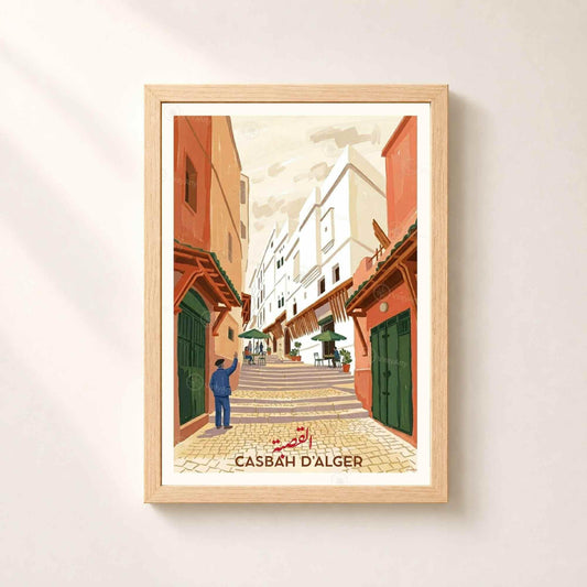 Affiche Casbah d'Alger ruelle escalier, poster voyage Algérie illustré