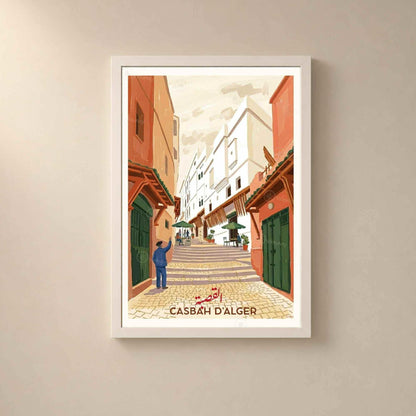 Affiche Casbah d'Alger ruelle escalier, poster voyage Algérie illustré