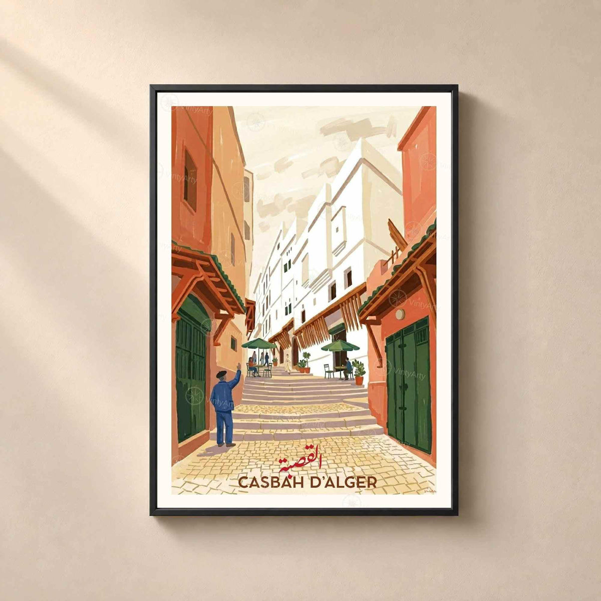 Affiche Casbah d'Alger ruelle escalier, poster voyage Algérie illustré