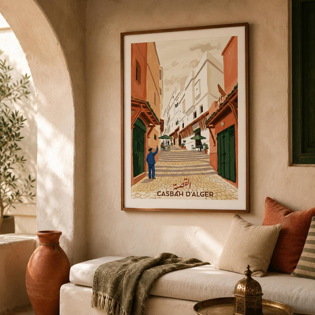Affiche Casbah d'Alger ruelle escalier, poster voyage Algérie illustré