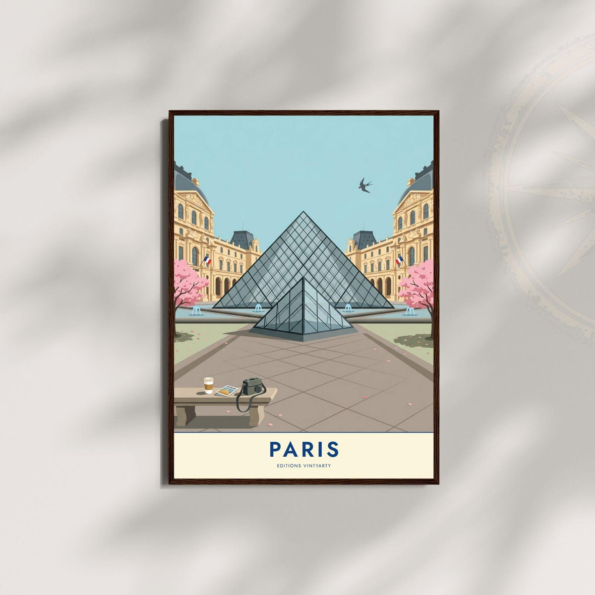Affiche Paris Louvre, poster pyramide et cerisiers en fleurs, illustration voyage, décoration murale