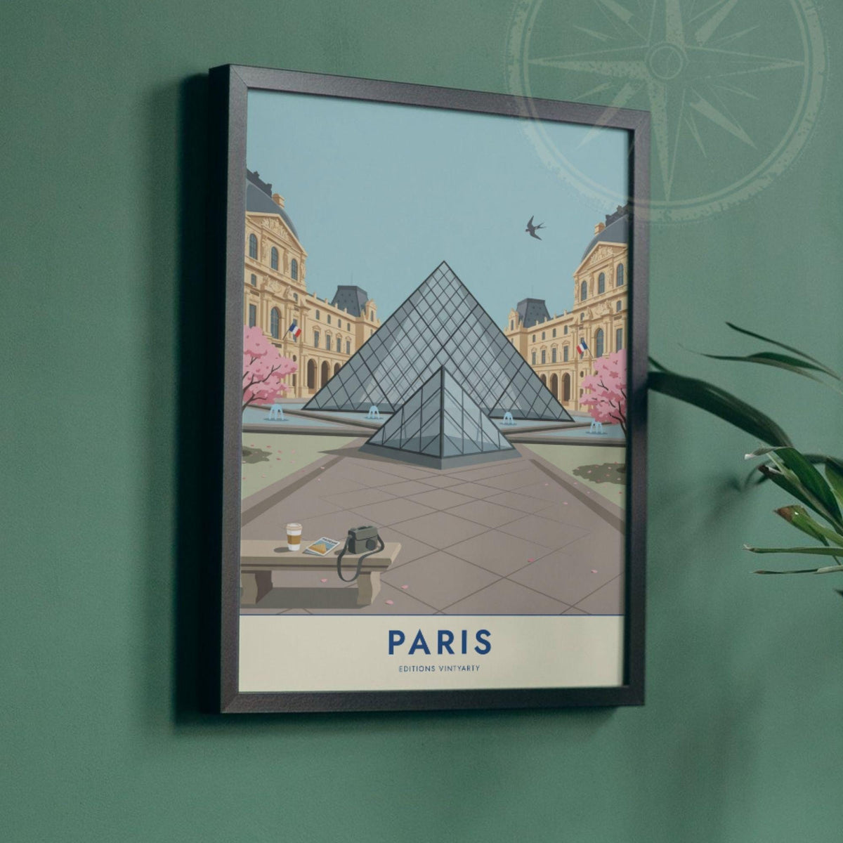 Affiche Paris Louvre, poster pyramide et cerisiers en fleurs, illustration voyage, décoration murale