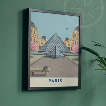 Affiche Paris Louvre, poster pyramide et cerisiers en fleurs, illustration voyage, décoration murale