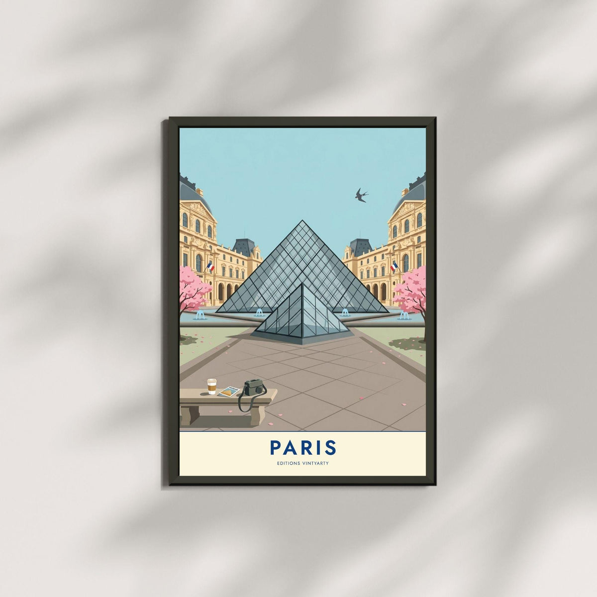 Affiche Paris Louvre, poster pyramide et cerisiers en fleurs, illustration voyage, décoration murale