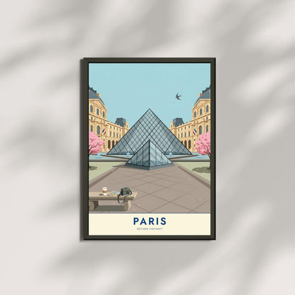 Affiche Paris Louvre, poster pyramide et cerisiers en fleurs, illustration voyage, décoration murale