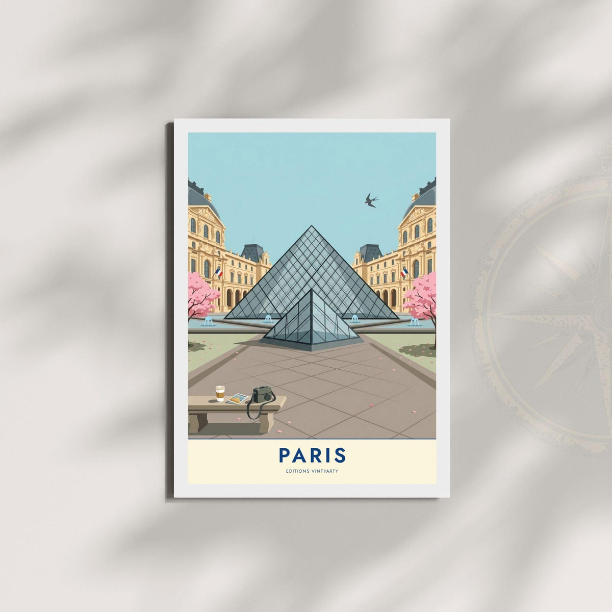 Affiche Paris Louvre, poster pyramide et cerisiers en fleurs, illustration voyage, décoration murale