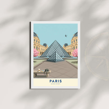 Affiche Paris Louvre, poster pyramide et cerisiers en fleurs, illustration voyage, décoration murale