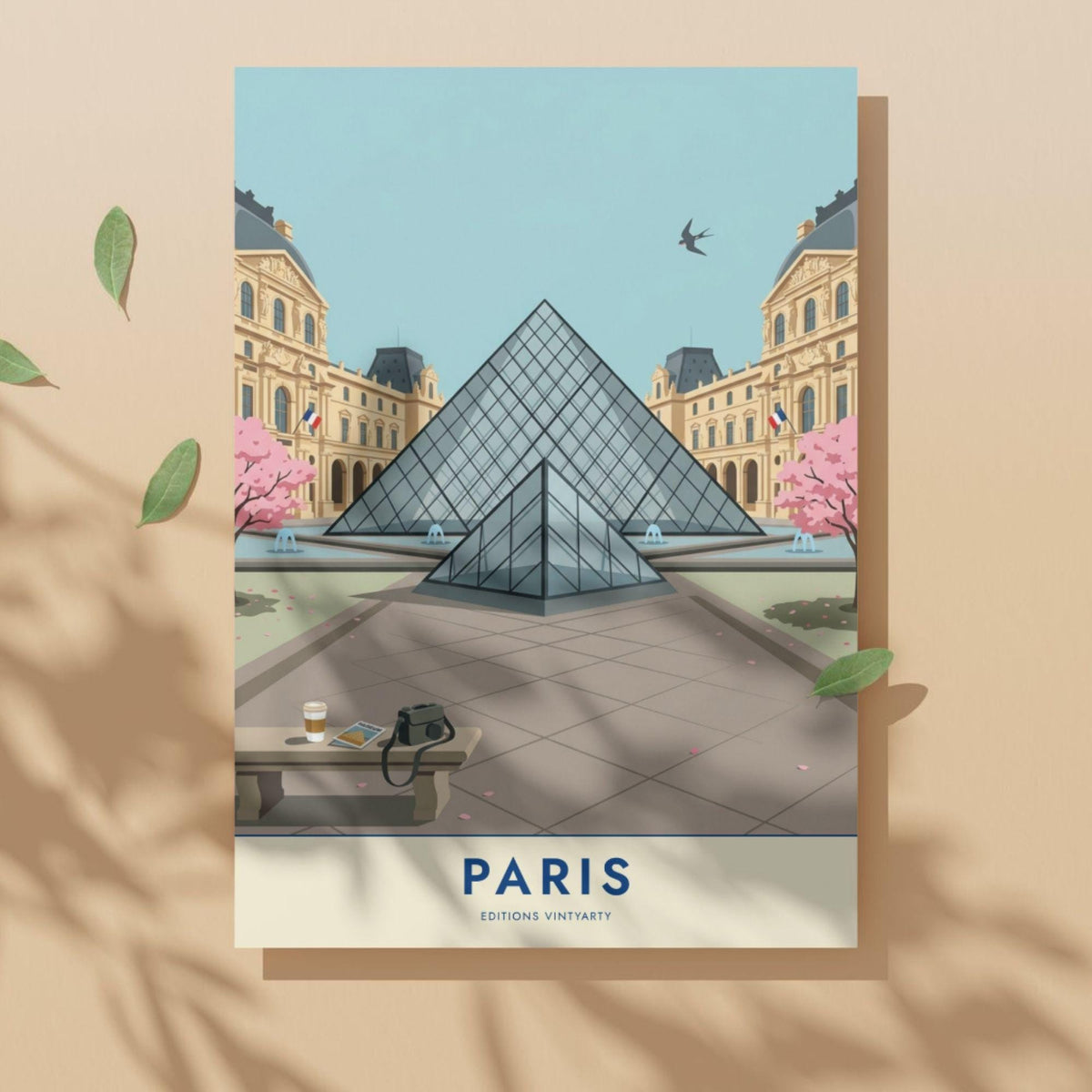 Affiche Paris Louvre, poster pyramide et cerisiers en fleurs, illustration voyage, décoration murale