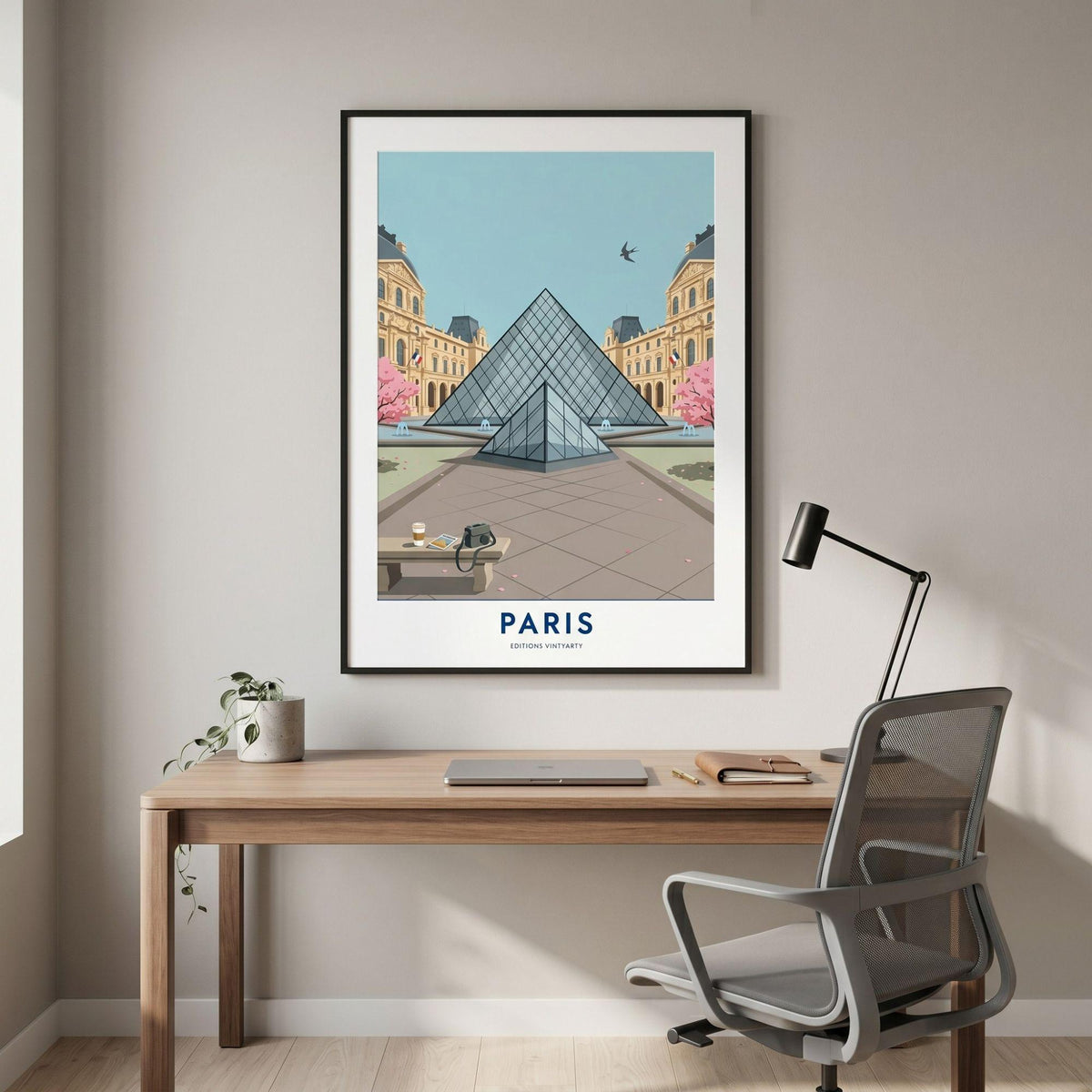 Affiche Paris Louvre, poster pyramide et cerisiers en fleurs, illustration voyage, décoration murale