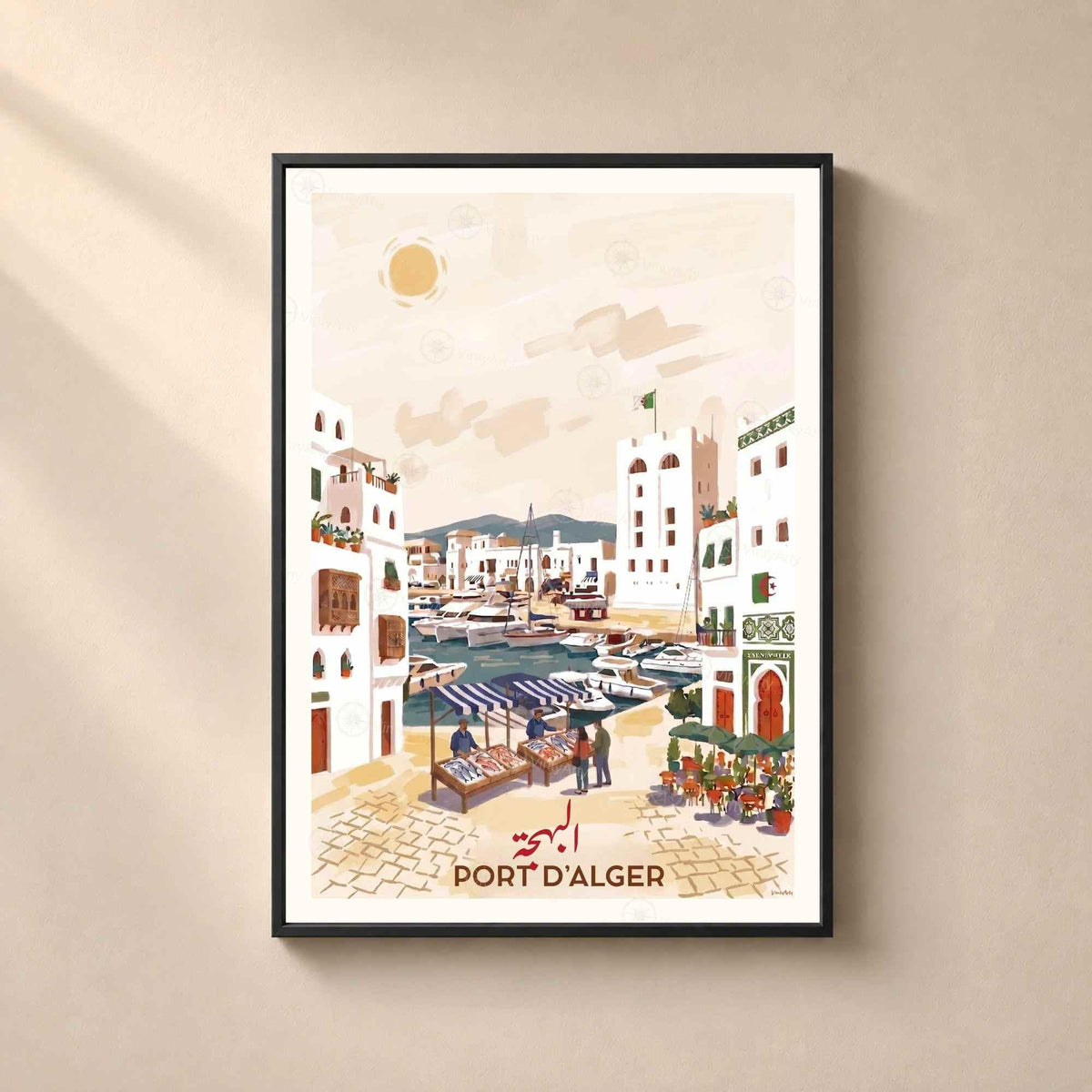 Affiche Port d'Alger marché poissons bateaux, poster voyage Algérie illustré