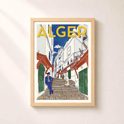 Affiche Alger ruelle Casbah marin et haïk, poster voyage vintage coloré